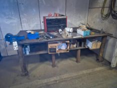HEAVY-DUTY INDUSTRIAL STEEL WORKBENCH - INCLUDES BENCH VISE, TOOLBOX & CONTENTS