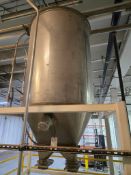 600 GALLON STAINLESS STEEL CONICAL HOPPER/TANK W/ DUAL DISCHARGE CHUTES & STRUCTURAL STAND