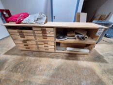 CUSTOM HEAVY-DUTY WOODEN WORKBENCH - MULTI-DRAWER COLUMN, OPEN STORAGE * CONTENTS NOT INCLUDED