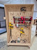 ASSORTED PARALLEL & F-STYLE WOODWORKING CLAMPS LOT WITH CUSTOM STORAGE RACK