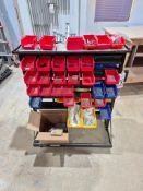 MOBILE DOUBLE-SIDED PARTS BIN RACK - LOUVERED PANEL CART, ASSORTED BINS * CONTENTS INCLUDED