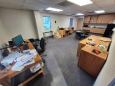 ASSORTED OFFICE CONTENTS LOT - COMPUTER TOWER, DUAL MONITORS, DESK, PRINTER, MICROWAVE, & FRIDGE