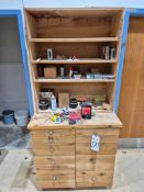 WOODEN SHOP STORAGE CABINET WITH CONTENTS - MULTI-TIER SHELF, HARDWARE, SANDING PADS, & SQUARES