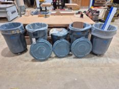 RUBBERMAID BRUTE & ASSORTED COMMERCIAL TRASH CANS - LOT OF 5, ROLLING DOLLIES, LIDS