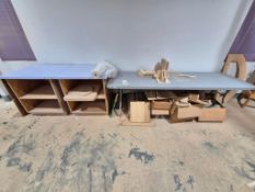 CUSTOM WOODEN WORKSHOP WORKBENCHES AND STORAGE CABINETS LOT WITH ASSORTED CONTENTS
