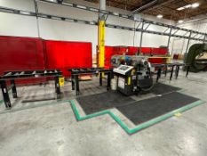 HYDMECH S-20A AUTOMATIC HORIZONTAL PIVOT BAND SAW WITH INFEED/OUTFEED ROLLER CONVEYORS