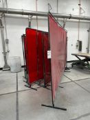 (6) WILSON SPECTRA TRANSPARENT RED WELDING CURTAINS COMPLETE WITH BLACK T-BASE STEEL FRAMES.