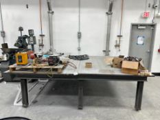 HEAVY-DUTY STEEL WELDING TABLE WITH CONTENTS - GRINDERS, POSITIONERS, AND ASSORTED ABRASIVES
