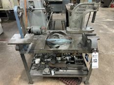 HEAVY DUTY STEEL WORK TABLE WITH BENCH VISE, ARBOR PRESS, AND BELT SANDER