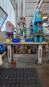 REYNOLDS MULTI-STATION PRODUCTION BENCH W/ CLAUSING DRILL PRESS & AIR-HYDRAULICS