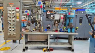MULTI-STATION PRODUCTION BENCH W/ CLAUSING DRILL PRESSES & AIR-HYDRAULICS PUNCH