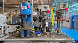 3-STATION PRODUCTION BENCH W/ (2) CLAUSING DRILL PRESSES & AIR-HYDRAULICS PRESS