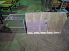 ACRYLIC 5-COMPARTMENT WALL-MOUNT DISPENSER AND (2) ALUMINUM STORAGE TOTES
