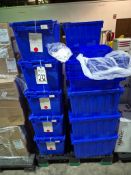 PALLET OF ARAMARK CLEANROOM APPAREL WITH 10 BLUE PLASTIC STORAGE TOTES