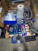 LARGE MULTI-BIN LOT OF ASSORTED SANITARY VALVES, ELECTRICAL ENCLOSURE, AND SHOP TOOLS