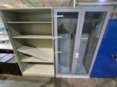 (2) INDUSTRIAL STEEL CABINETS - OPEN SHELF UNIT & GLASS DOUBLE-DOOR CABINET