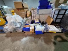 LARGE LOT OF LABORATORY GLASSWARE, OVERHEAD STIRRER, PIPETTES, BOTTLES, AND OFFICE SUPPLIES