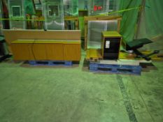 ASSORTMENT OF WOODEN CUBICLE STATION COMPONENTS AND OFFICE ACCESSORIES