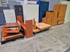 ASSORTED WOODEN OFFICE CABINETS AND MODULAR DESK COMPONENTS
