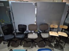 (6) ASSORTED ADJUSTABLE OFFICE TASK CHAIRS AND WOODEN DESK STOOLS