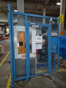 BLUE STEEL WIRE MESH SECURITY CAGE PARTITION WITH HINGED GATE AND WHITE WOOD DOOR PANEL