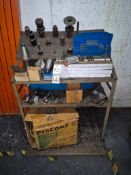 ASSORTED LATHE QUICK-CHANGE TOOL POST, HOLDERS, BORING BARS & GEARS WITH STAND
