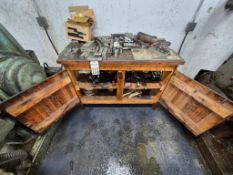 ASSORTED VISE JAWS, PARALLEL BARS, PNEUMATIC TOOLS AND WOODEN CABINET LOT