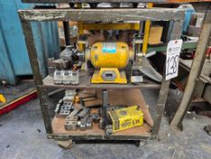 ASSORTED LATHE TOOLING & BENCH GRINDER WITH 3-SHELF ROLLING CART & MAG LIFTER