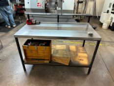 STAINLESS TOP STEEL FRAME WORKBENCH WITH WOODEN MACHINIST TOOL CHEST AND CONTENTS