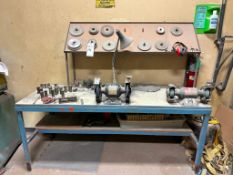 HEAVY DUTY STEEL FRAME WORKBENCH WITH BENCH GRINDERS AND TOOLING CONTENTS