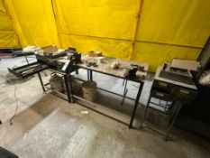 HEAVY DUTY STEEL WORKBENCHES AND METAL SHELVING UNITS WITH VISES AND CONTENTS