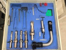 CONTENTS OF (1) TOOL BOX DRAWER - INGERSOLL INDEXABLE FRAME DRILLS, LIVE CENTER, TOUCH PROBE ARM