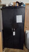 BLACK METAL STORAGE CABINET WITH CONTENTS