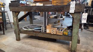 WOODEN WORKSHOP TABLE WITH CONTENTS