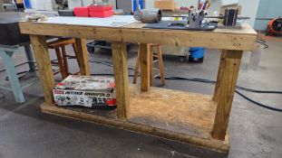 WOODEN WORKSHOP TABLE WITH STOOL AND CONTENTS