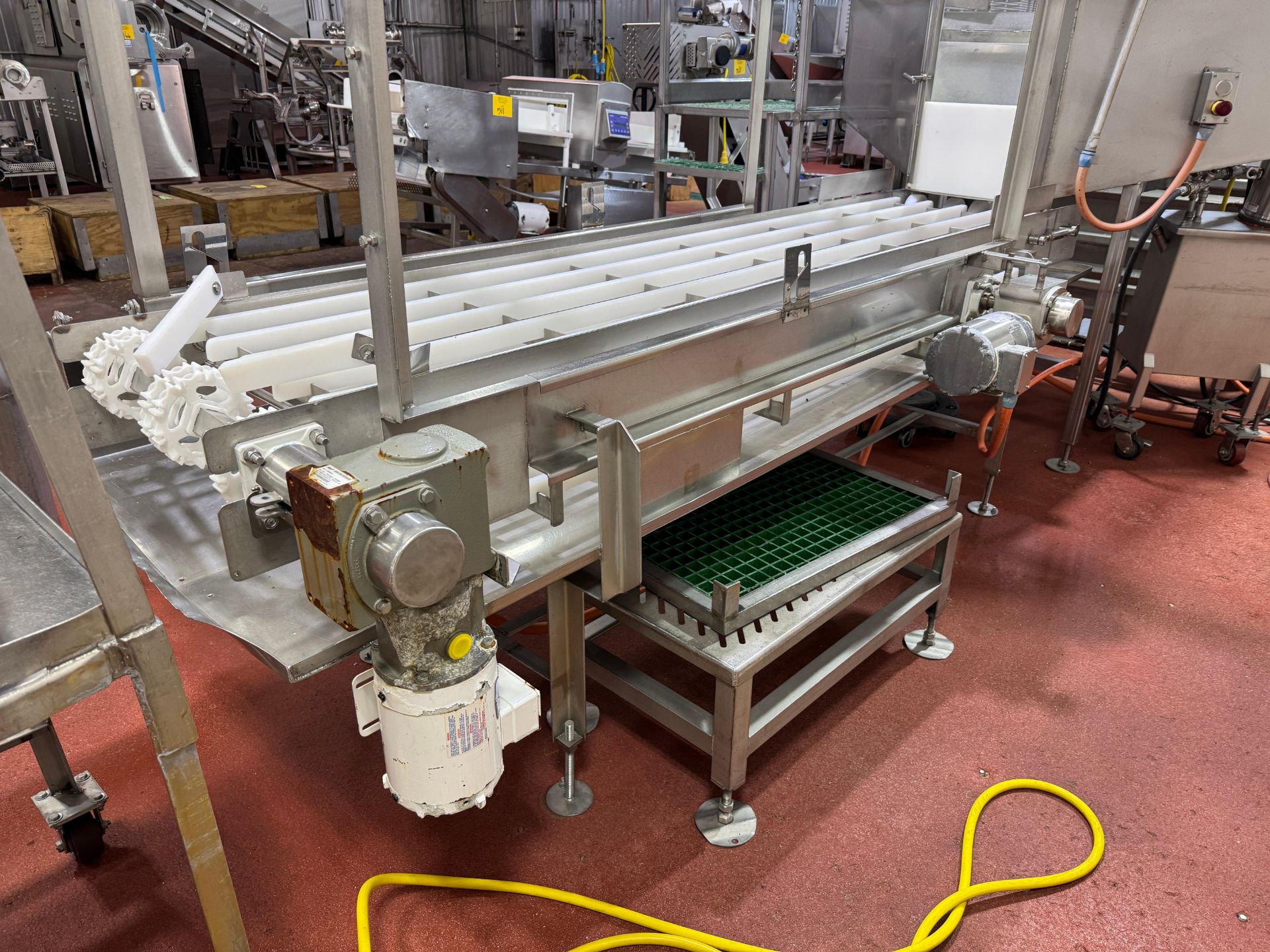 Stainless trim-inspection conveyor, approx 10' long, with wear strips ...