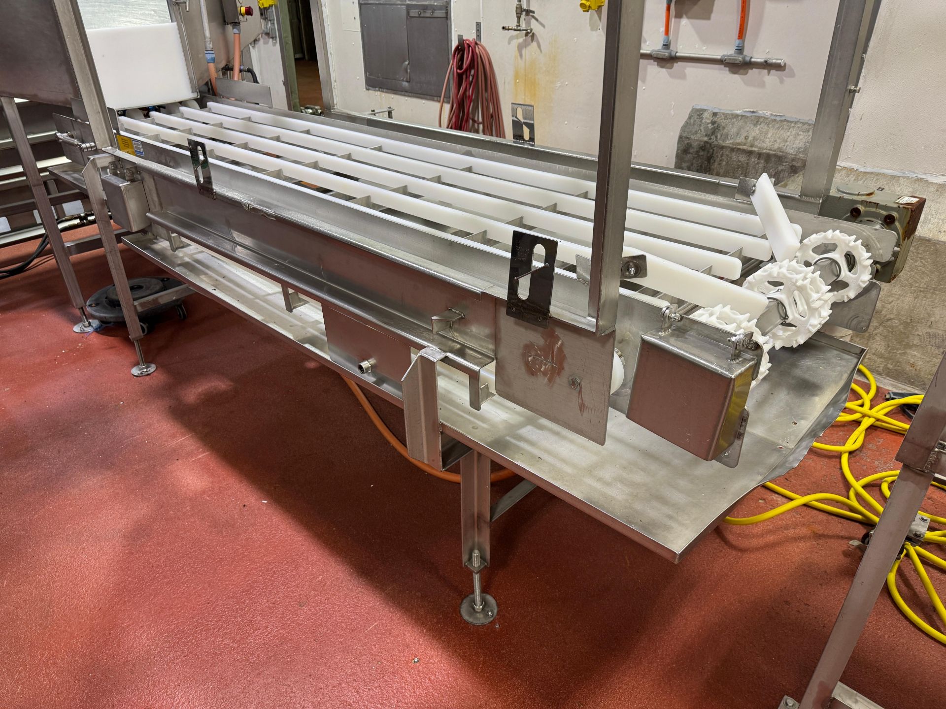 Stainless trim-inspection conveyor, approx 10' long, with wear strips ...