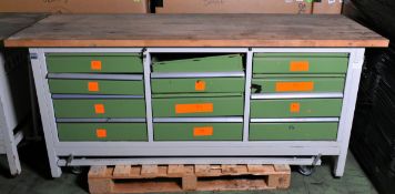 Mobile metal 12-drawer unit with solid wood top - SOME DRAWERS DAMAGED - W 2000 x D 710 x H 880mm