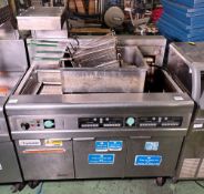 Frymaster FMRE217CSD (SN: 1307NI0005) 3 door stainless steel twin tank quad basket electric fryer