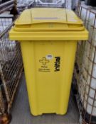 2 Wheeled lockable medical waste bin with a plastic bucket and 4x wet floor signs