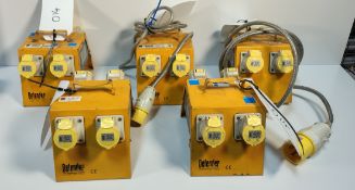 2x DEFENDER CEEFORM - 110V 16A 4 WAY Splitter & 3x DEFENDER E13104 - 110V 16A 4 WAY Splitter Units