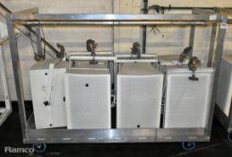 7x White EM Acoustics EMS Series EMS-121 speakers within aluminium frame storage cart