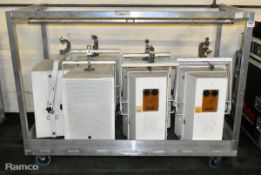 7x White EM Acoustics EMS Series EMS-121 speakers within aluminium frame storage cart