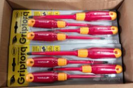 6x sets of Griptorq 1000V VDE screwdrivers - 4 piece, 150 PZ3, 100 PZ2, 125 SQ2, 125 flat