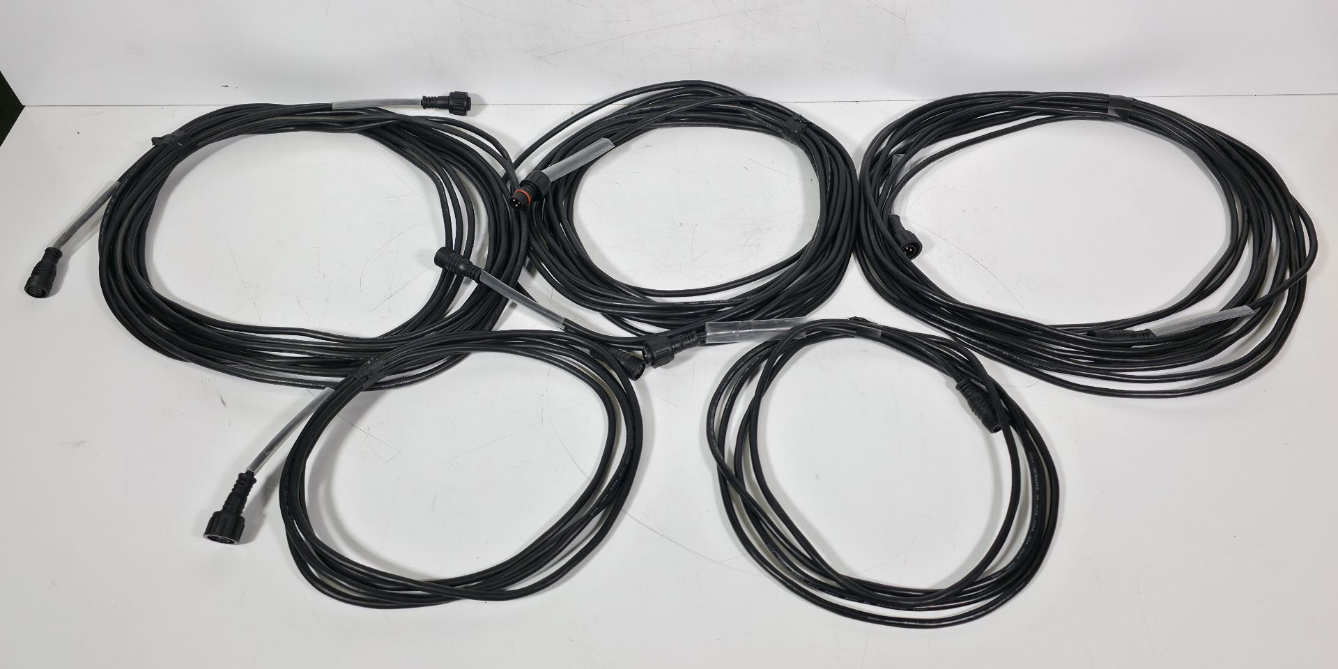 60x waterproof Hydralock DMX data cables in black stack storage crate - mixed cable lengths