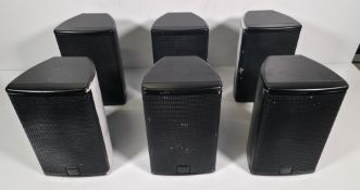 6x Martin Audio Adorn A55 2-way 200W speakers with brackets in black stack storage crate