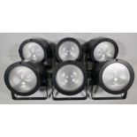 6x Chauvet DJ COREpar UV 120 compact ultra-wide 120W UV wash lights in black stack storage crate
