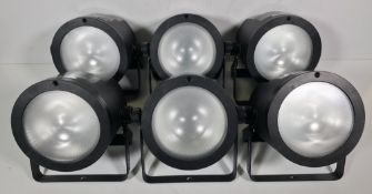 6x Chauvet DJ COREpar UV 120 compact ultra-wide 120W UV wash lights in black stack storage crate