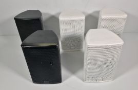 5x Martin Audio Adorn A55 2-way 200W speakers with brackets in black stack storage crate