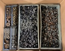 Workshop hardware and consumables in metal storage trays - heavy duty bolts, nuts, washers, brackets